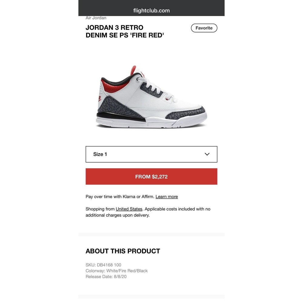 Air Jordan 3 Retro Denim SE PS 'Fire Red' Size 1Y Retro Sneakers - Picture 7 of 8